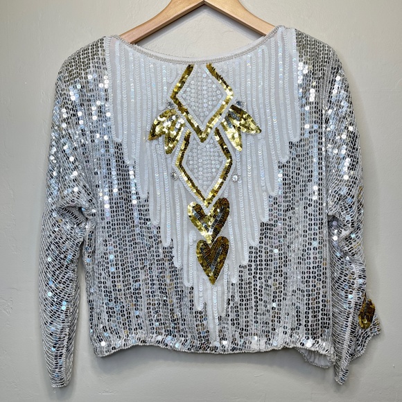 VTG Sequin Gold Hearts Beaded Embellished Disco Chic Valentine Glam Retro Blouse - Picture 3 of 16